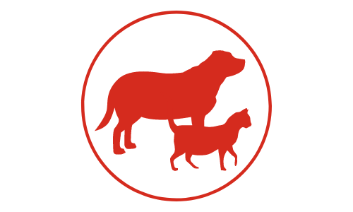 pictogramme de couleur rouge générique illustrant un chien et un chat en surpoids