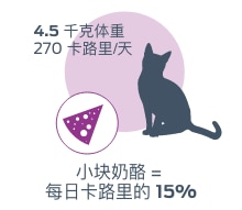 4.5公斤体重270卡路里/天。一小块奶酪=15%的每日热量。