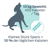 10 kg BWt 450 Kalorien/Tag. Ein kleines Stück Speck = 10 % der täglichen Kalorien.