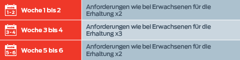 Woche 1 bis 2: Bedarf eines Erwachsenen für den Unterhalt x2. 3. bis 4. Woche: Bedarf eines Erwachsenen für den Unterhalt x3. 5. bis 6. Woche: Bedarf eines Erwachsenen für den Unterhalt x2.