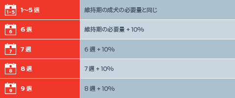 1週目から5週目まで：維持のために成人と同じ必要量、6週目。維持レベル＋10％、7週目。6週目＋10％、8週目 7週目＋10％、9週目 8週目＋10